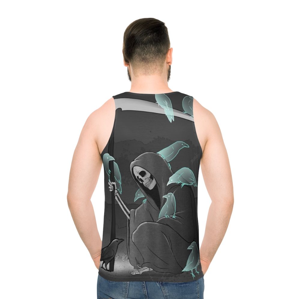 Unisex tank top with a dark gothic design featuring crows and a reaper
