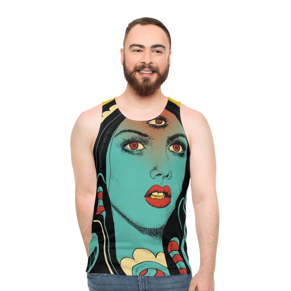 Unisex tank top with psychedelic, spiritual, and mystical design