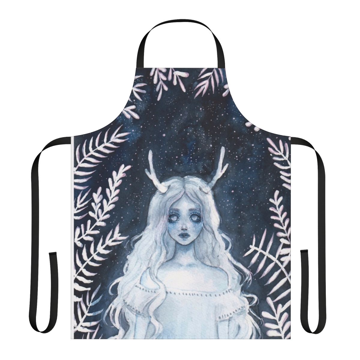 Mystical apron featuring a watercolor design of a fawn, leaves, and a starry night sky