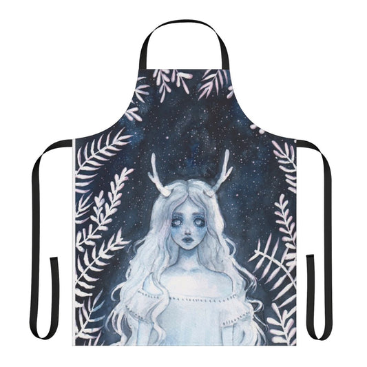 Mystical apron featuring a watercolor design of a fawn, leaves, and a starry night sky