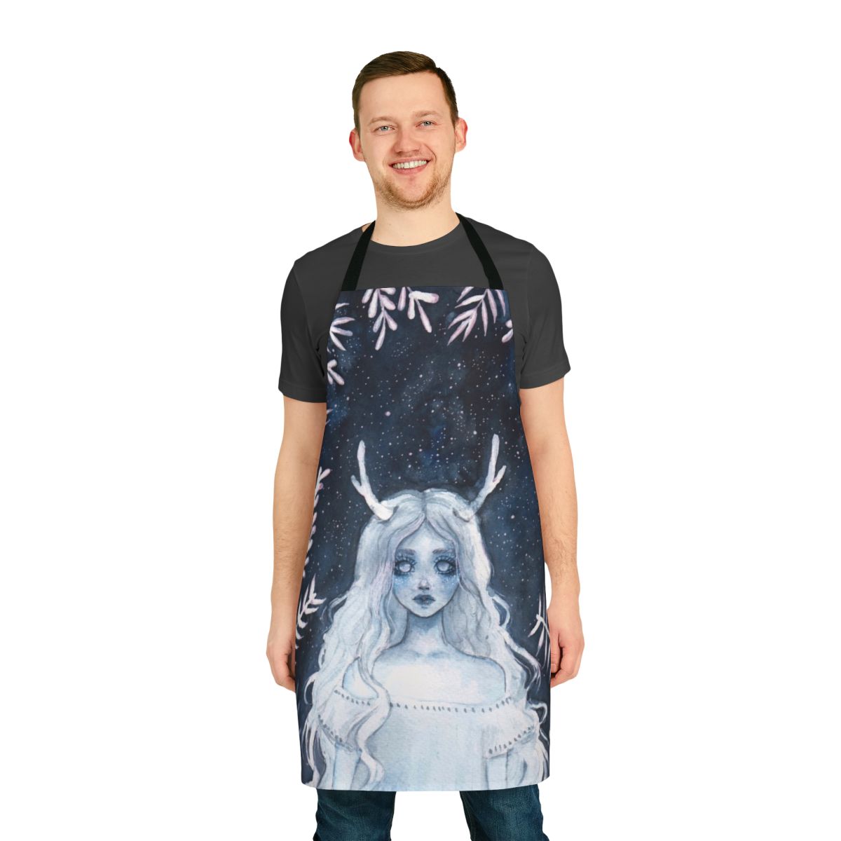 Mystical apron featuring a watercolor design of a fawn, leaves, and a starry night sky