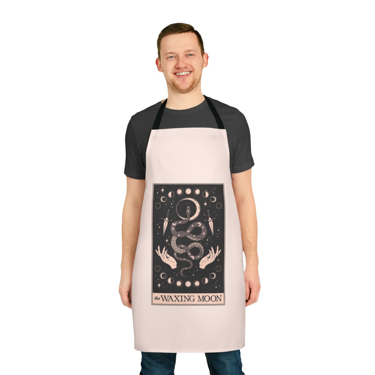 Mystical waxing moon apron with tarot and celestial design