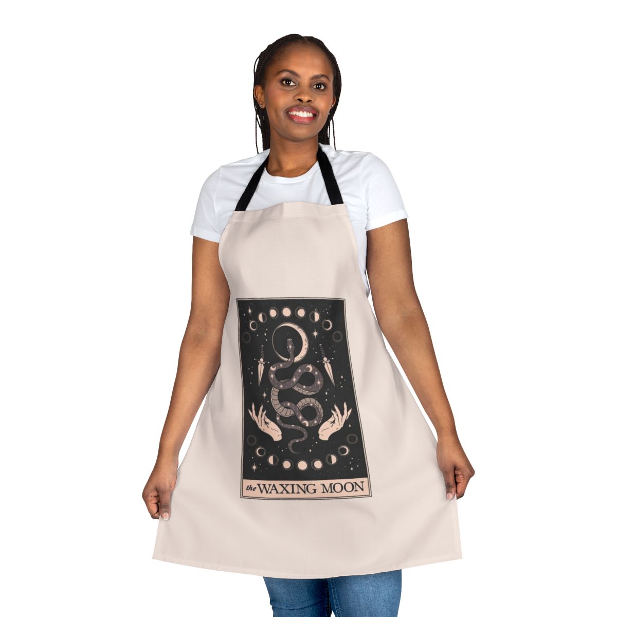 Mystical waxing moon apron with tarot and celestial design