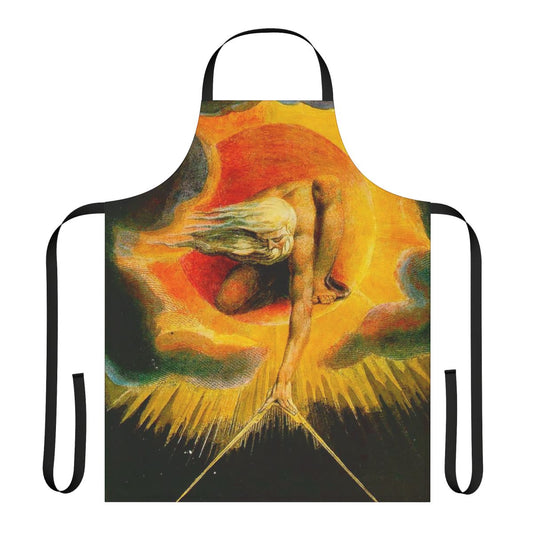 "Apron featuring William Blake's iconic 'The Ancient of Days' painting, a surreal and mystical depiction of the divine creator"