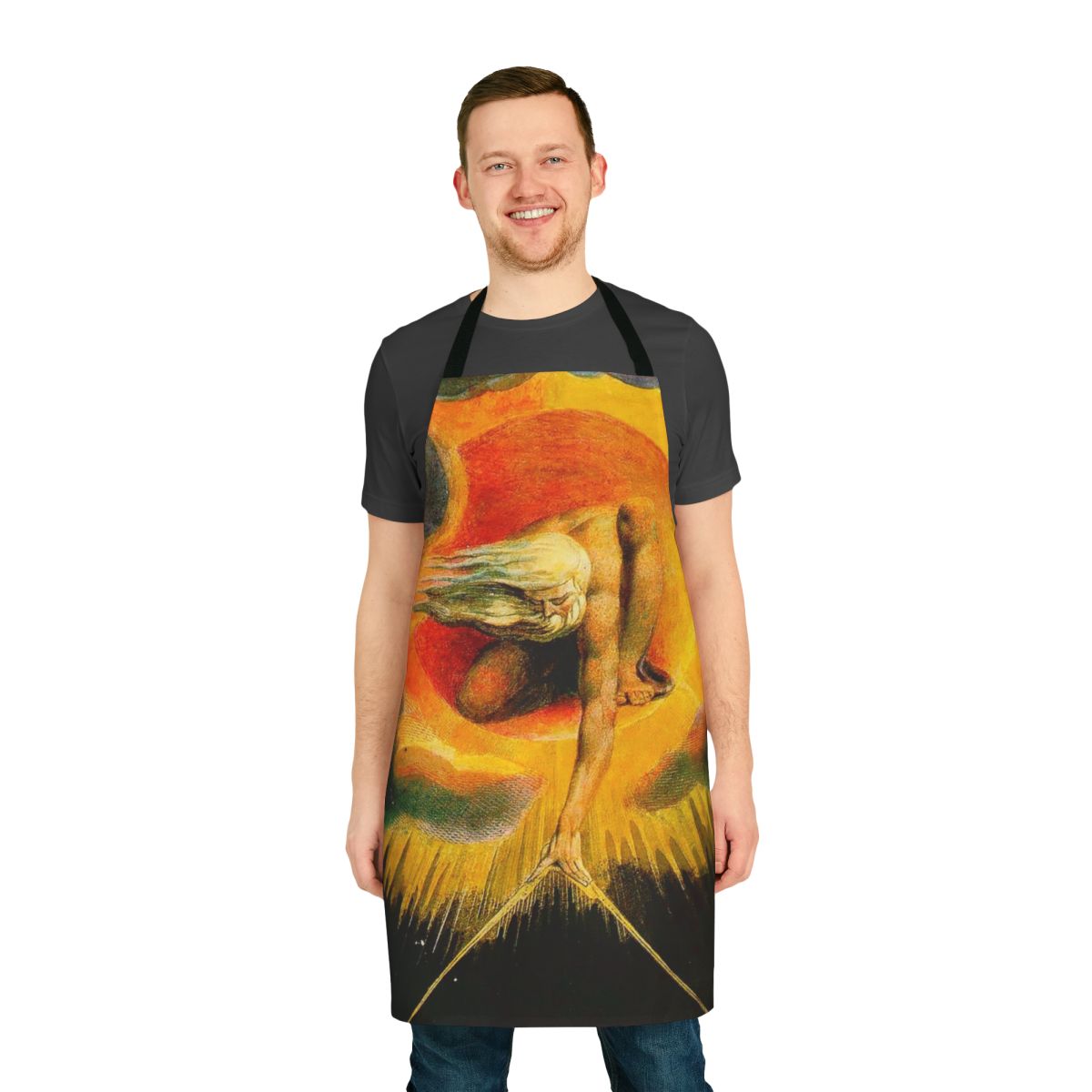 "Apron featuring William Blake's iconic 'The Ancient of Days' painting, a surreal and mystical depiction of the divine creator"