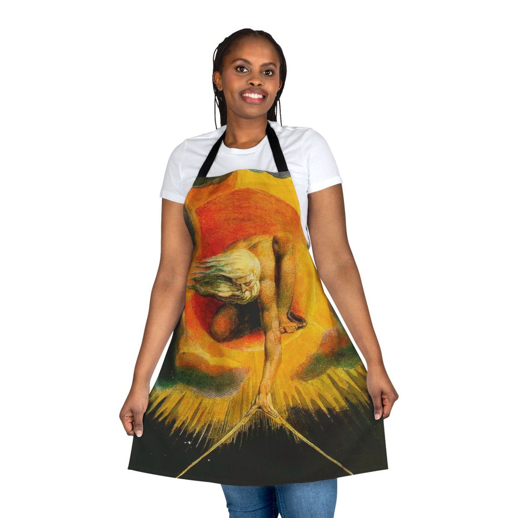 "Apron featuring William Blake's iconic 'The Ancient of Days' painting, a surreal and mystical depiction of the divine creator"