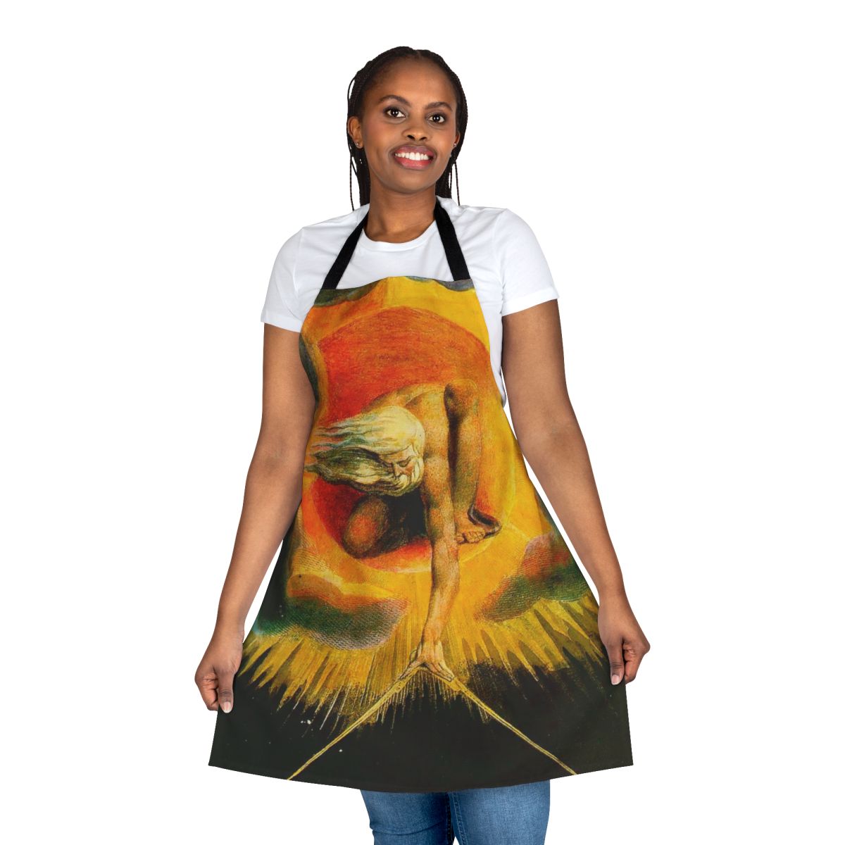 "Apron featuring William Blake's iconic 'The Ancient of Days' painting, a surreal and mystical depiction of the divine creator"