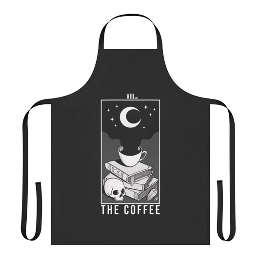 A dark, gothic-inspired coffee apron featuring occult and witchcraft-themed design elements