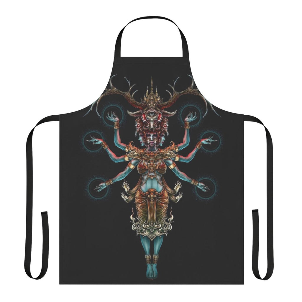 A dark and mystical apron featuring a surreal yak design inspired by Thai culture and mythology.