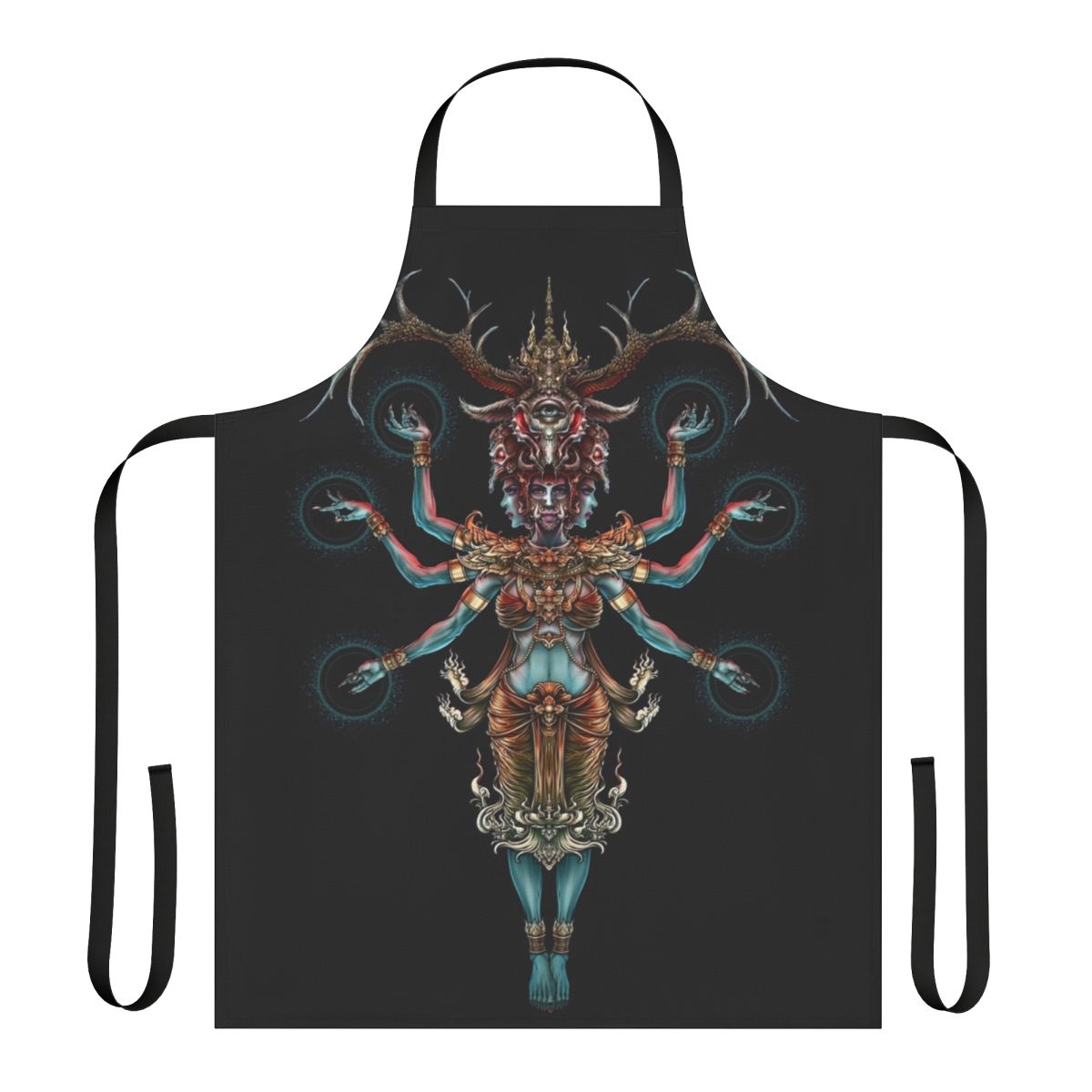 A dark and mystical apron featuring a surreal yak design inspired by Thai culture and mythology.