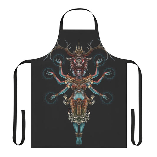 A dark and mystical apron featuring a surreal yak design inspired by Thai culture and mythology.