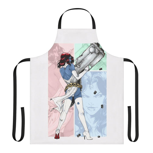 Mystique-inspired kitchen apron featuring the iconic Marvel character design