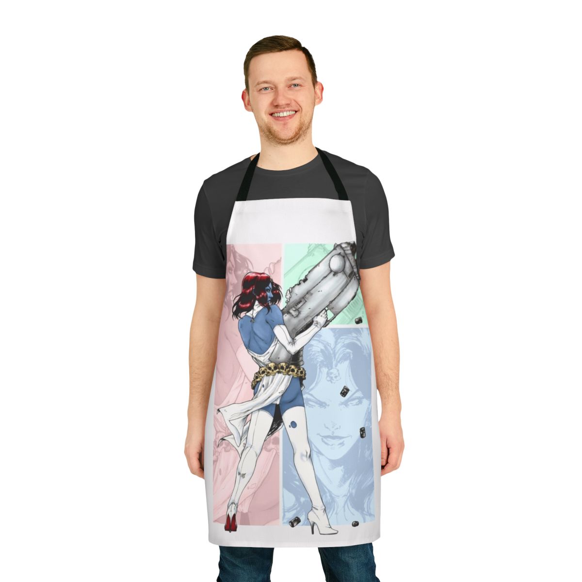 Mystique-inspired kitchen apron featuring the iconic Marvel character design