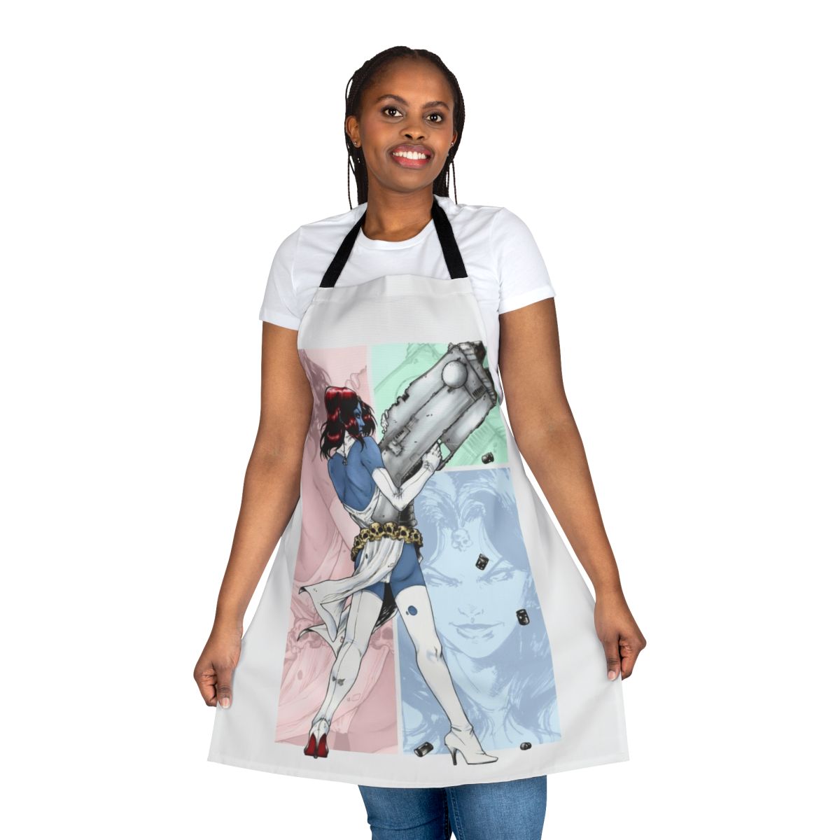 Mystique-inspired kitchen apron featuring the iconic Marvel character design