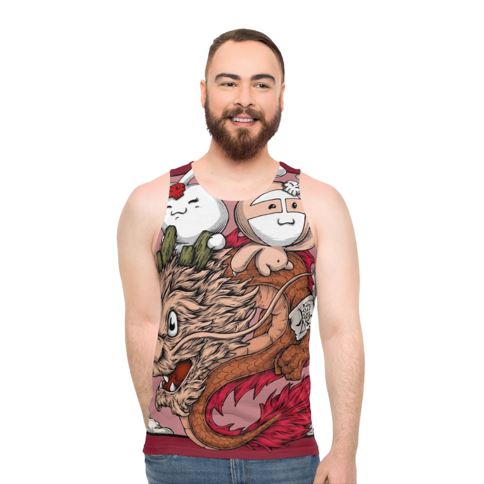 Unisex tank top with dragon, bunny, and sloth graphic