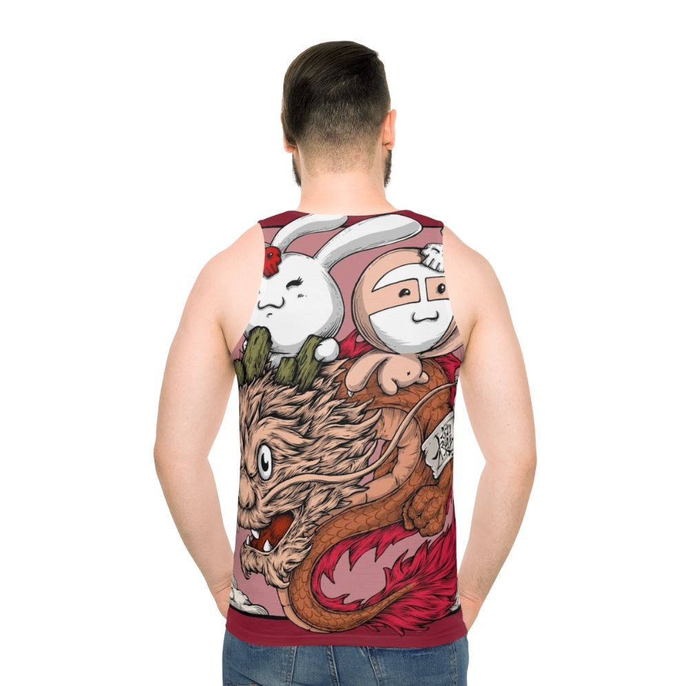 Unisex tank top with dragon, bunny, and sloth graphic