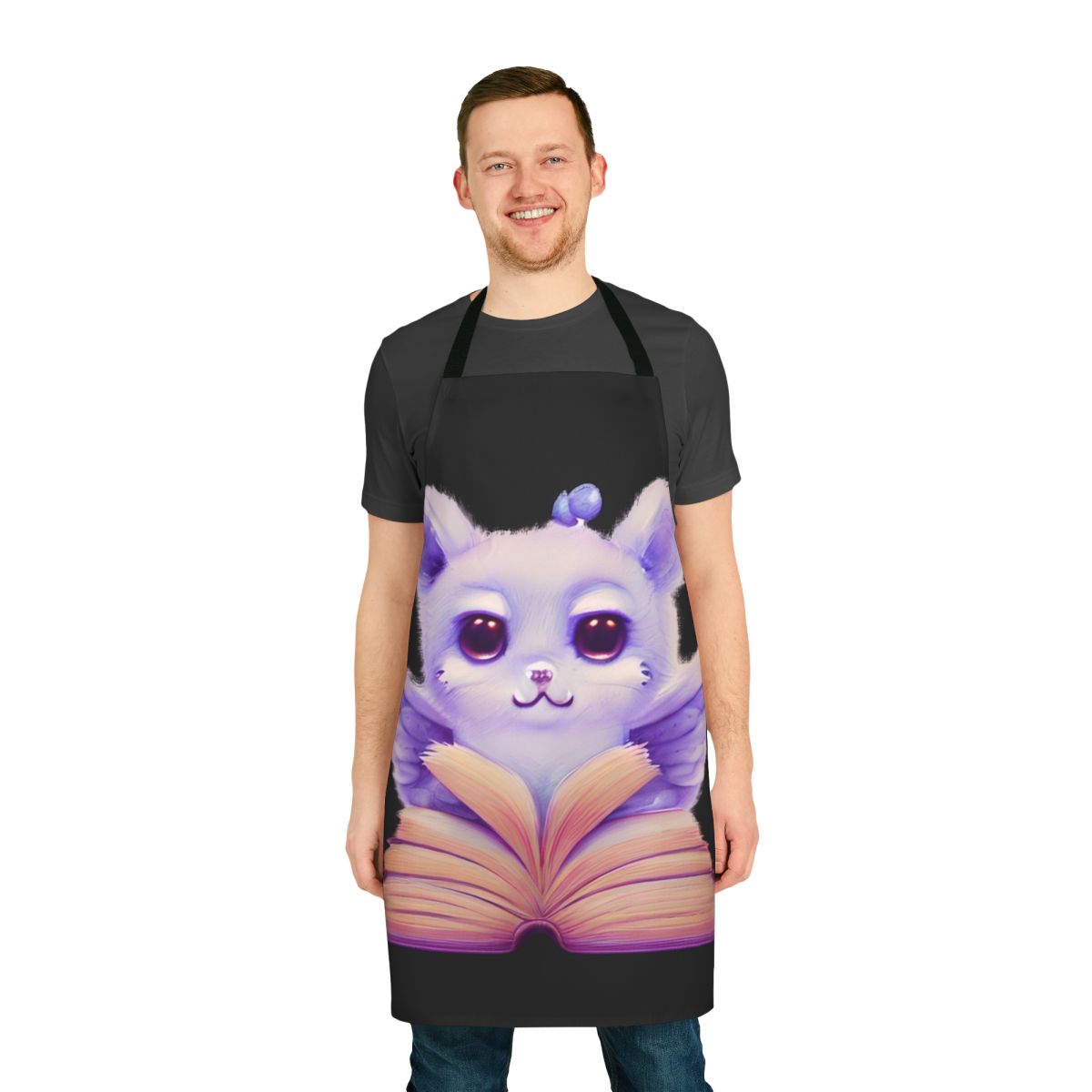 Apron featuring an open book design with illustrated legendary animals and fantasy creatures