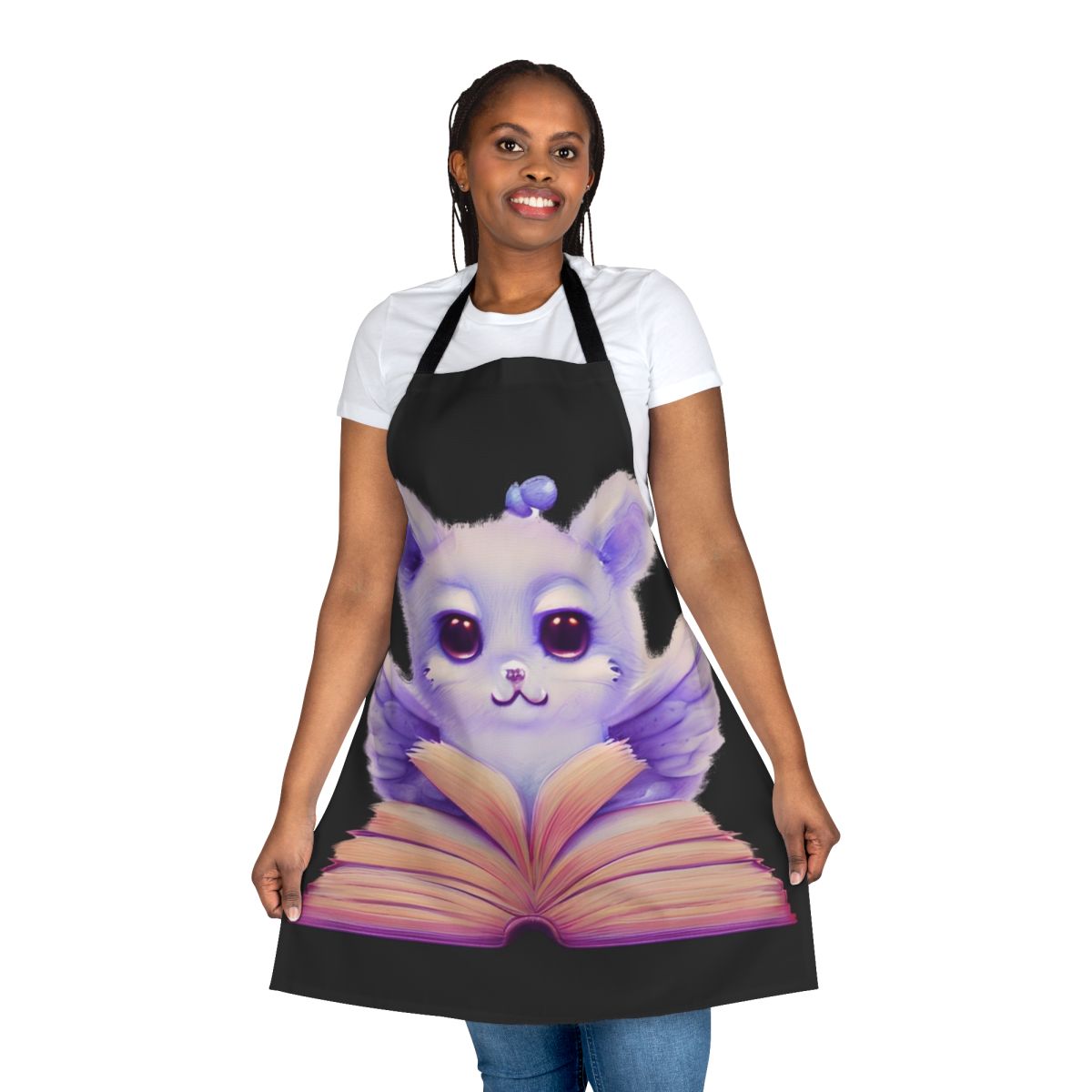 Apron featuring an open book design with illustrated legendary animals and fantasy creatures