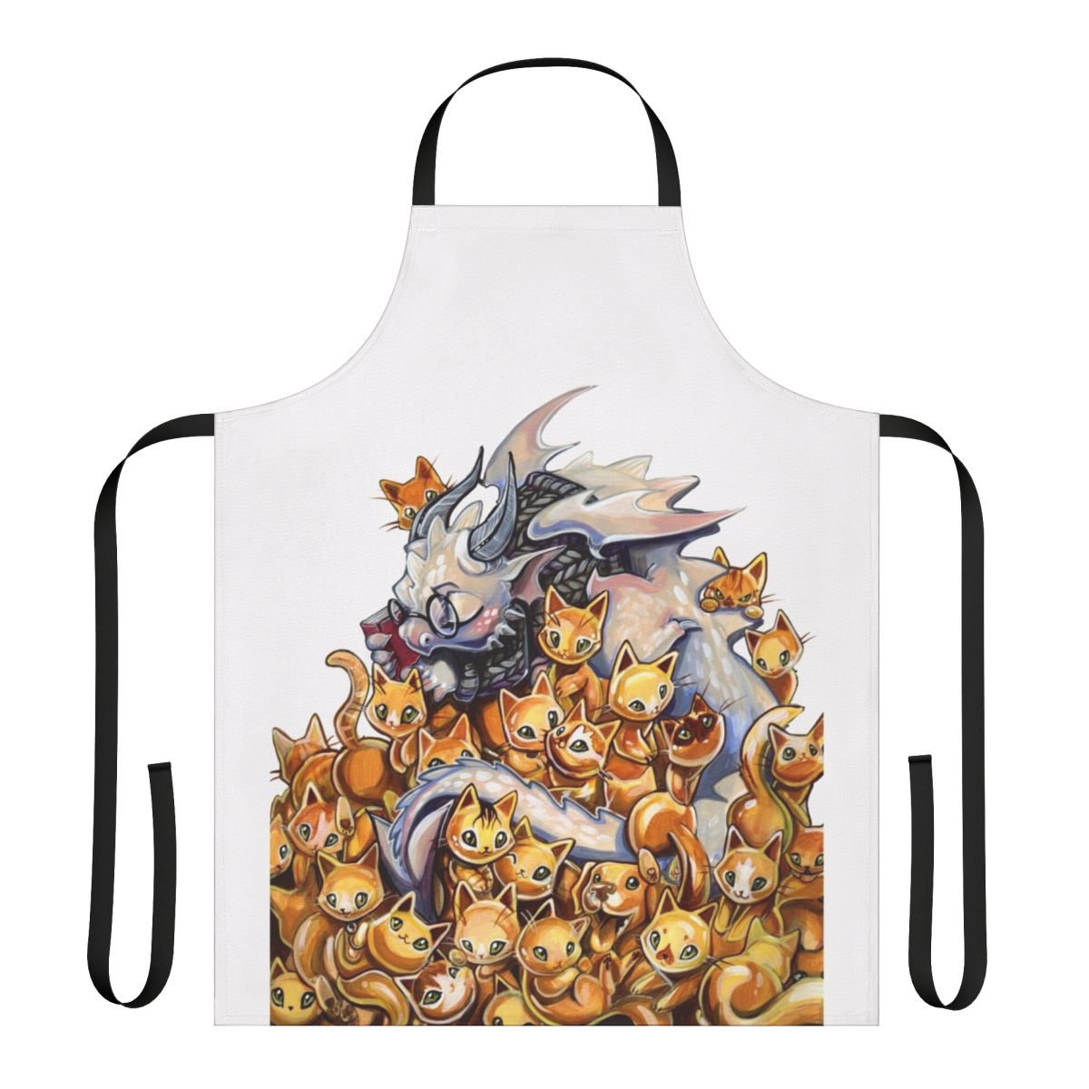 An apron with a dragon design hoarding a pile of golden kittens