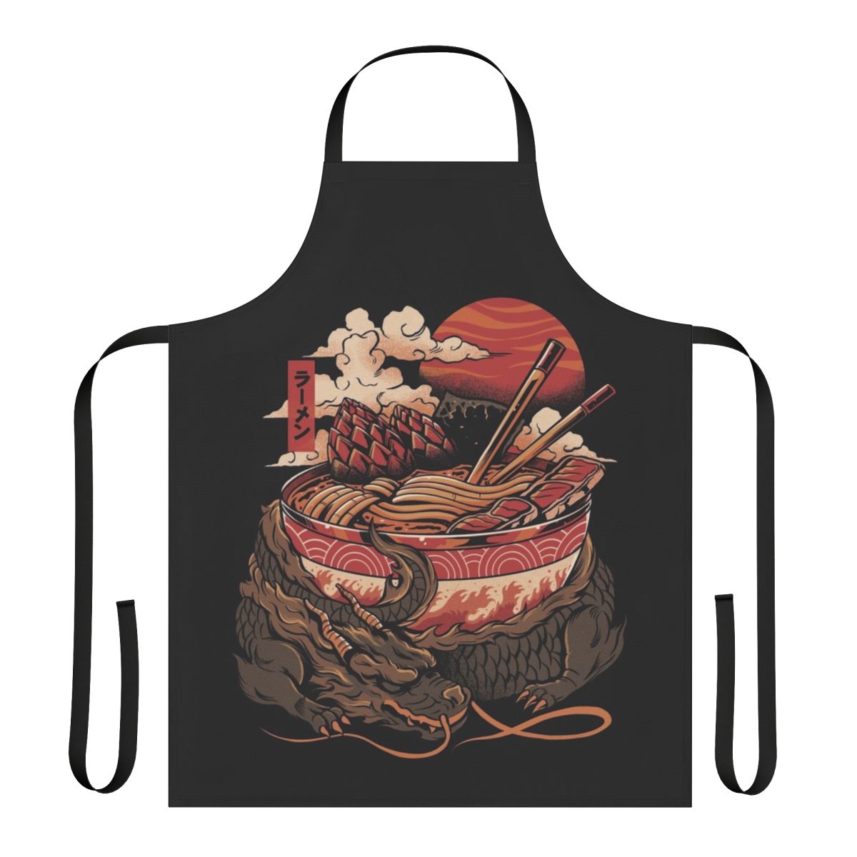 Illustration of a dragon emerging from a ramen bowl on a black apron