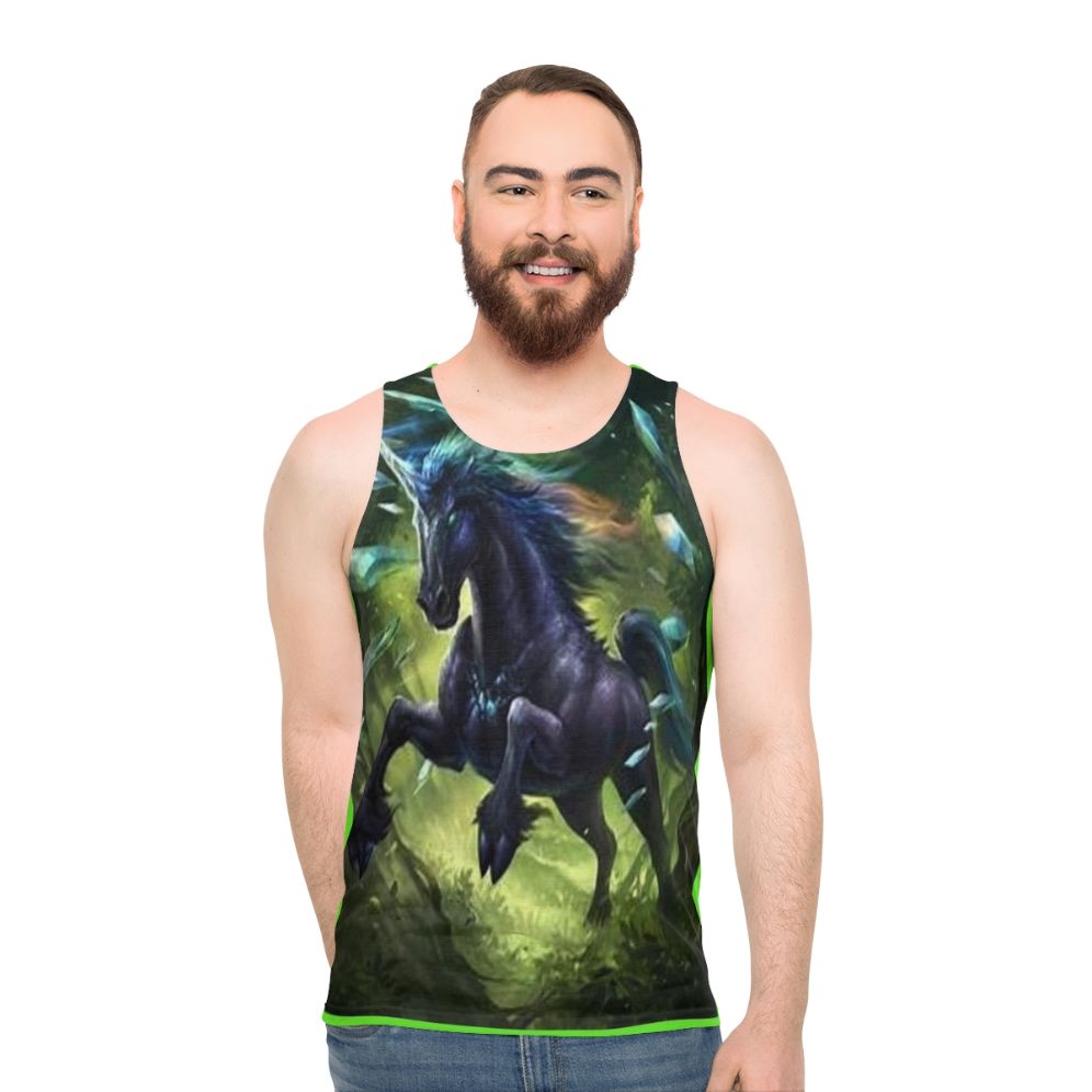 Unisex tank top featuring the legendary black unicorn, a mythical fantasy creature
