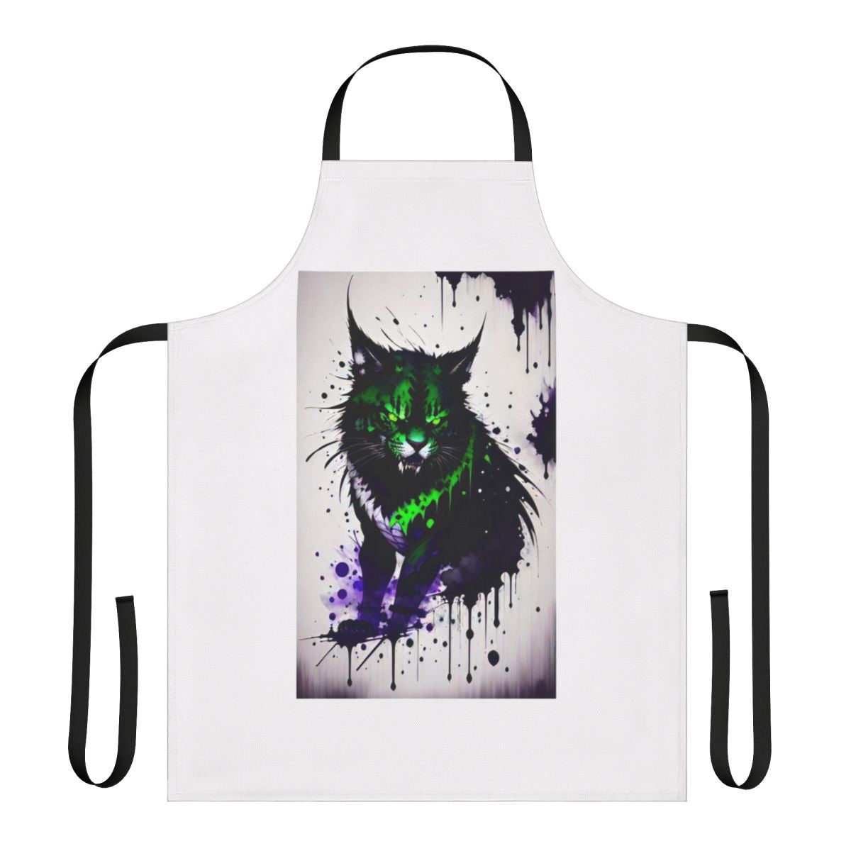 A stylish apron featuring a mysterious, mythical feline design.