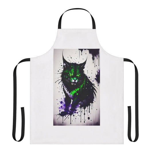 A stylish apron featuring a mysterious, mythical feline design.