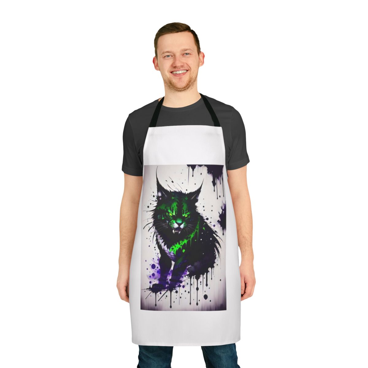 A stylish apron featuring a mysterious, mythical feline design.