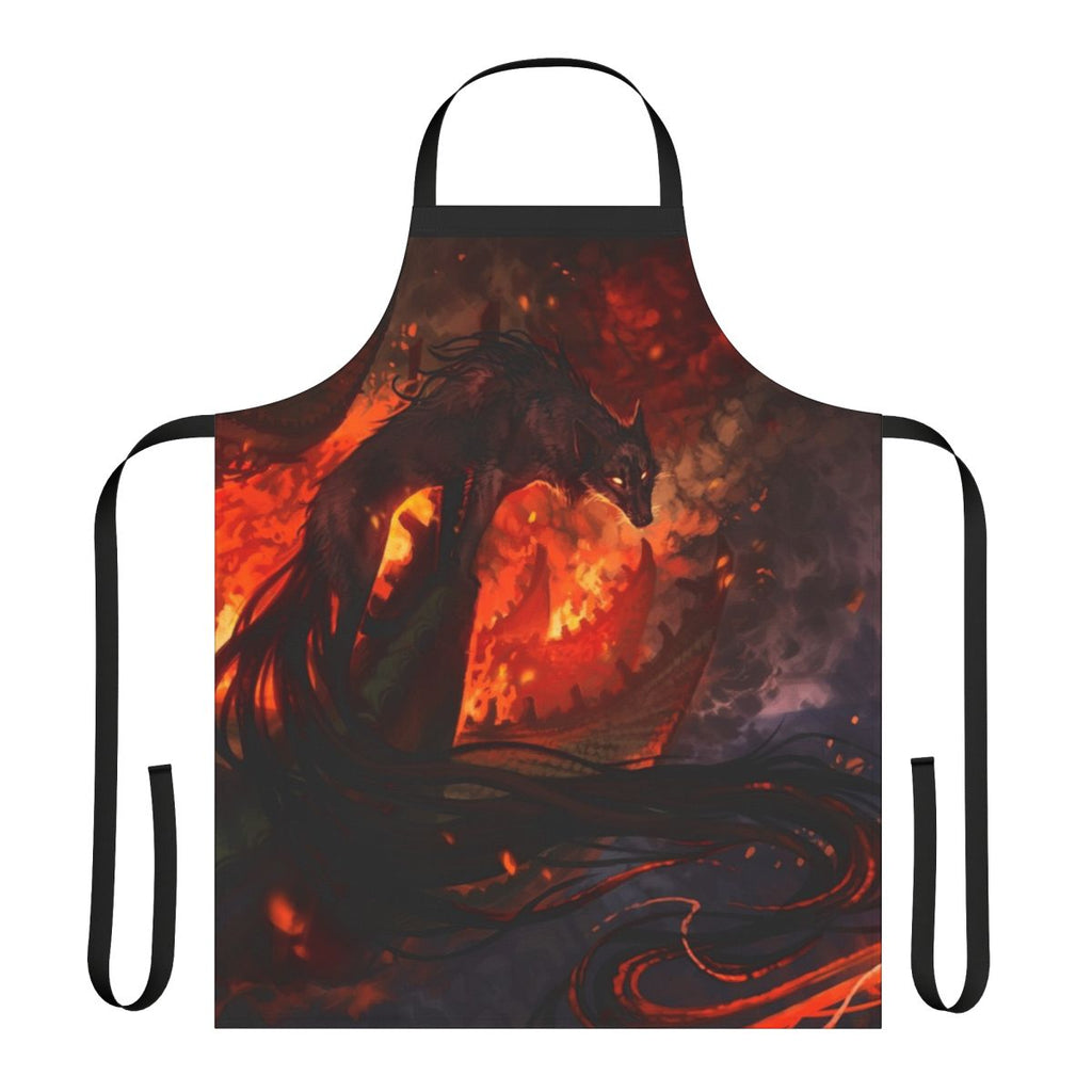 Mythical fire-themed apron with kitsune, demons, and foxes inspired by Asian legends and folklore