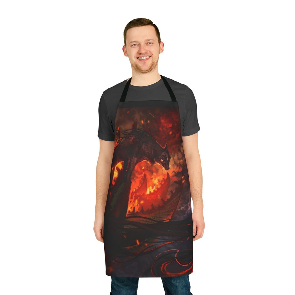 Mythical fire-themed apron with kitsune, demons, and foxes inspired by Asian legends and folklore
