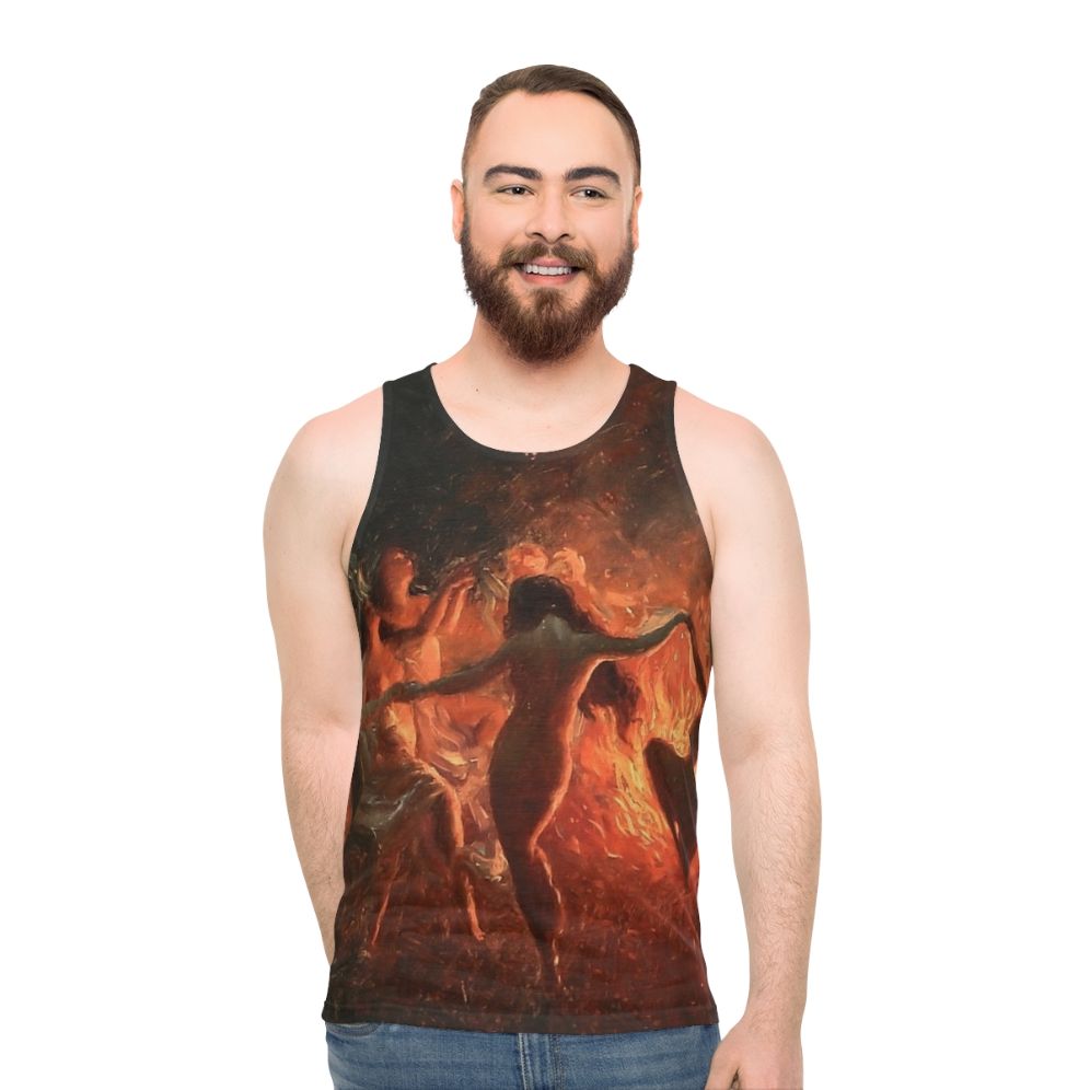 Unisex tank top with mythical fire dance design
