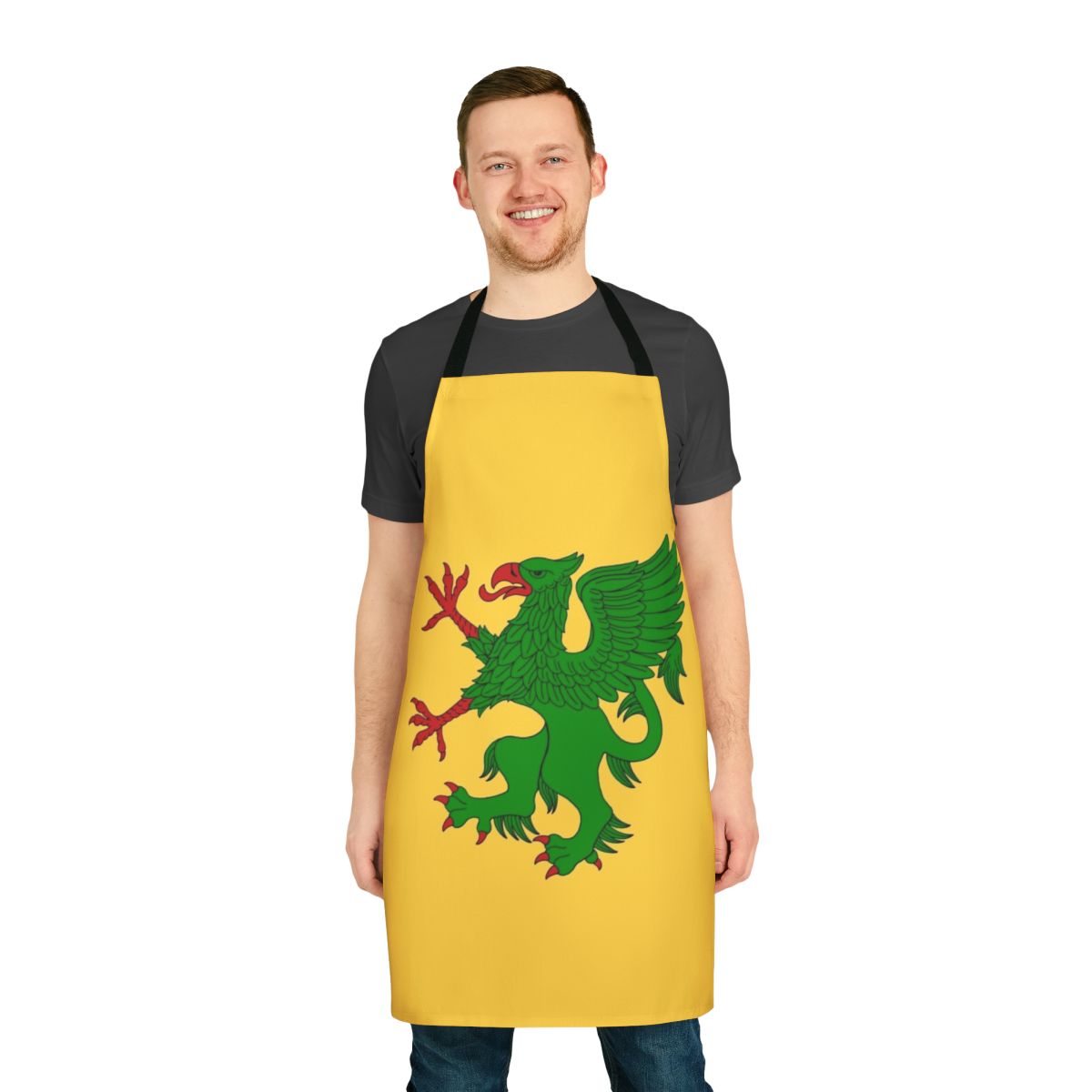 Green griffin heraldic creature depicted on high-quality apron