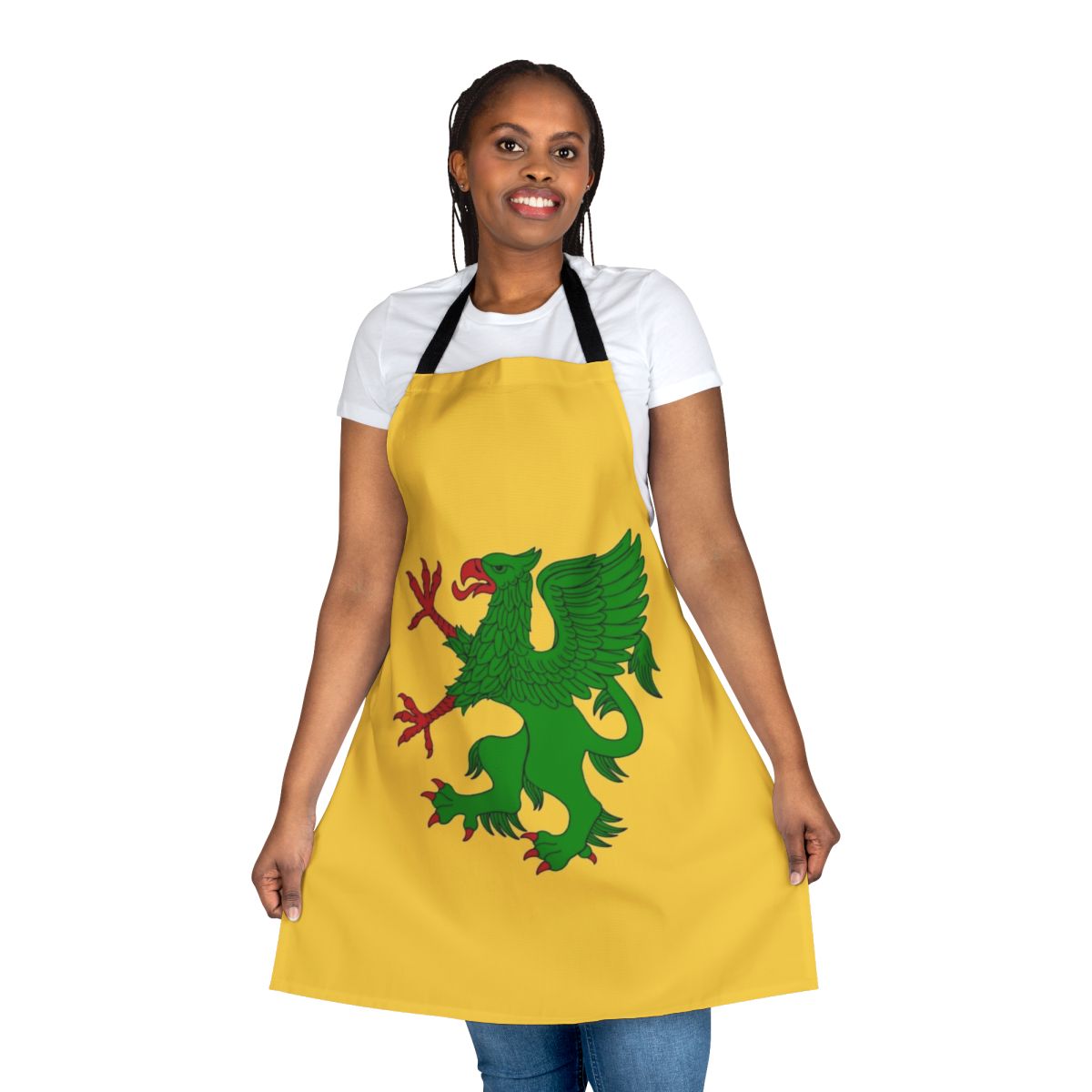 Green griffin heraldic creature depicted on high-quality apron