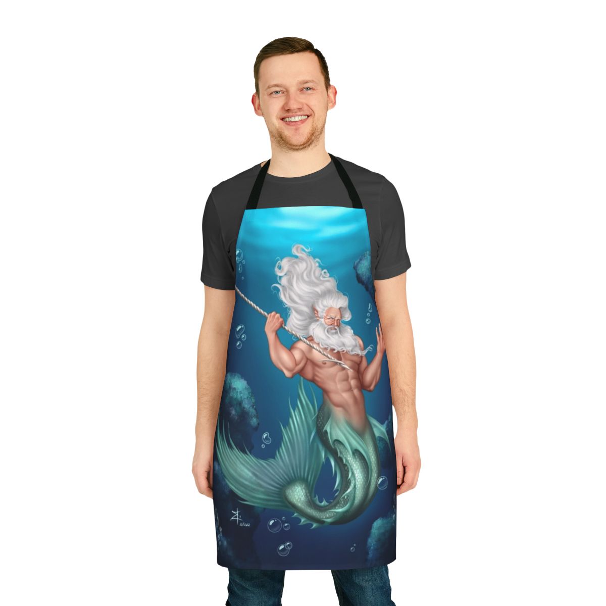 Enchanting apron featuring a merman design, perfect for bringing a touch of mythical charm to your kitchen.