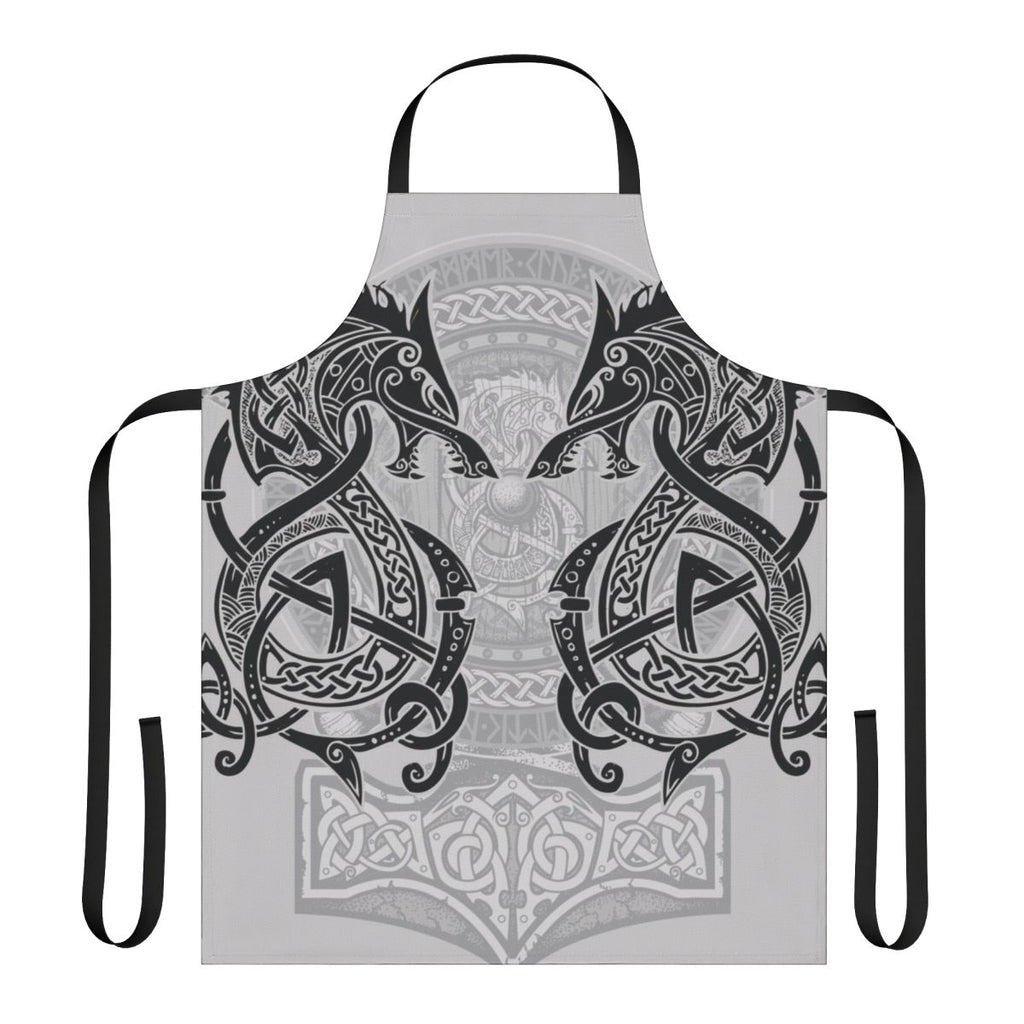 Stylish black apron featuring a wolf design inspired by the Norse mythology creature Fenrir.