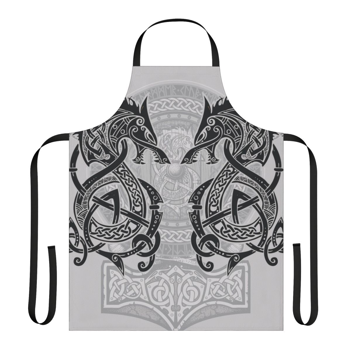 Stylish black apron featuring a wolf design inspired by the Norse mythology creature Fenrir.