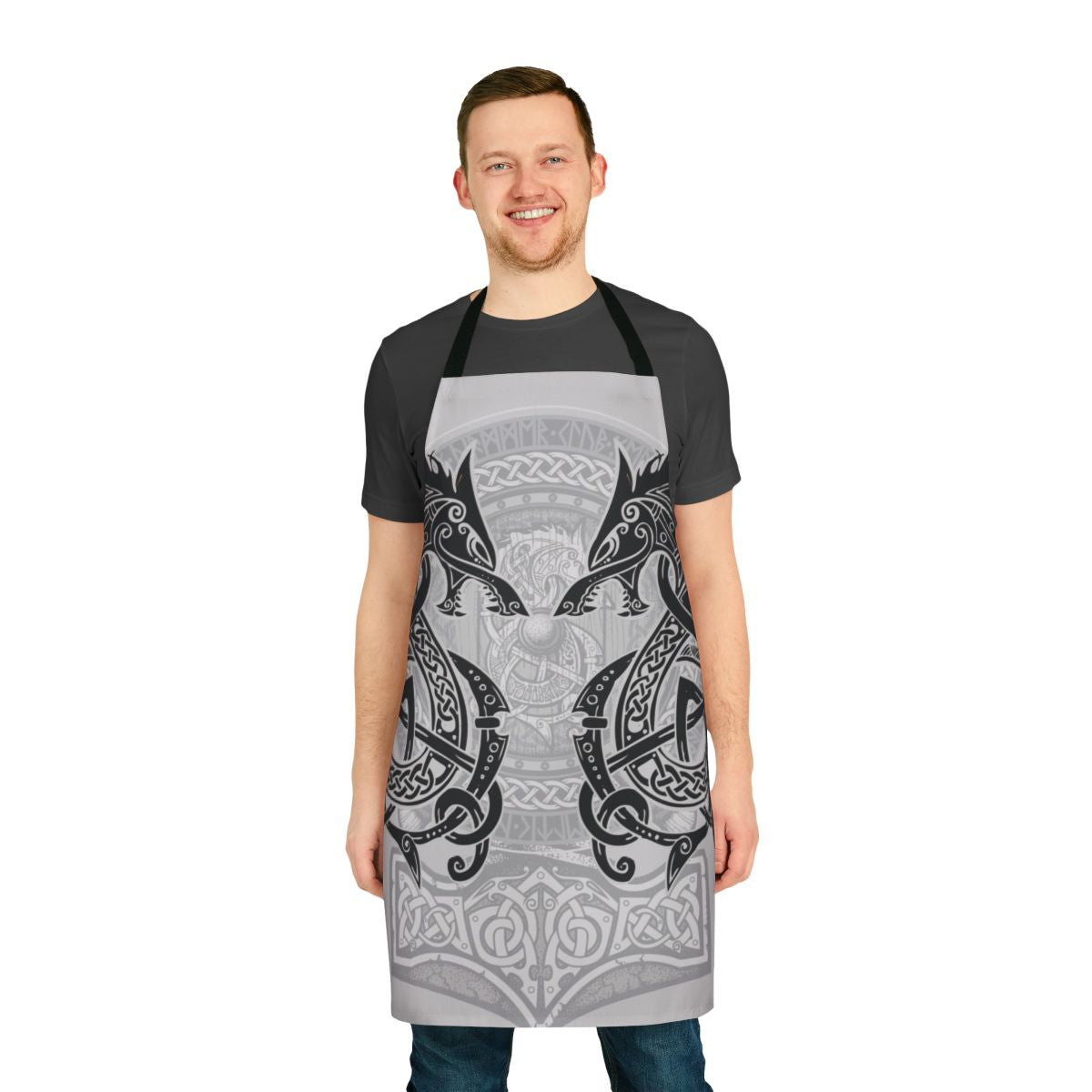 Stylish black apron featuring a wolf design inspired by the Norse mythology creature Fenrir.
