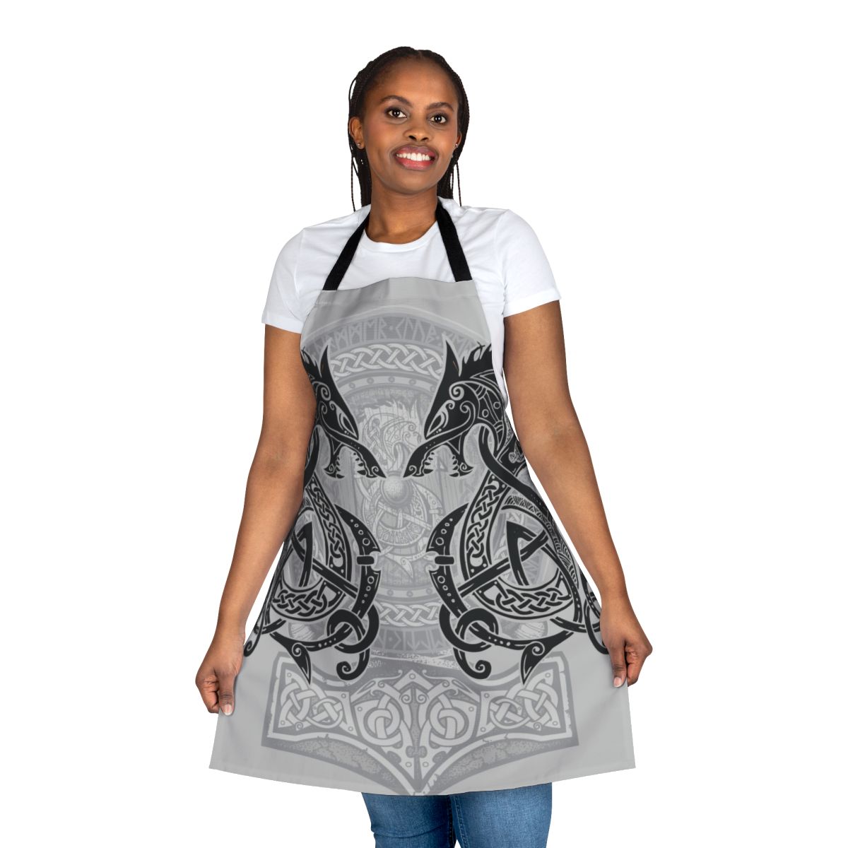 Stylish black apron featuring a wolf design inspired by the Norse mythology creature Fenrir.