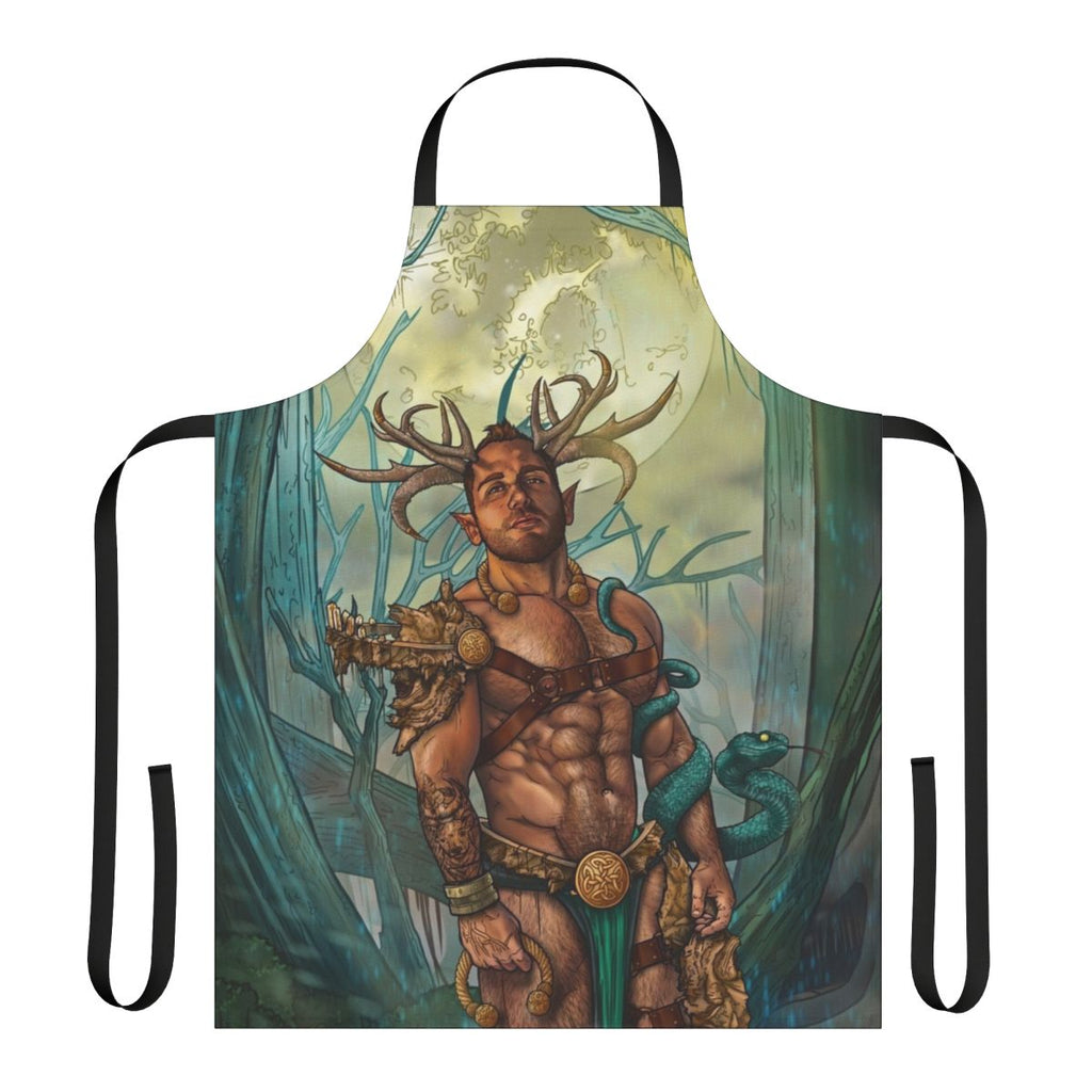 Illustration of a horned, mythological satyr figure on a black apron