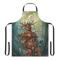 Illustration of a horned, mythological satyr figure on a black apron