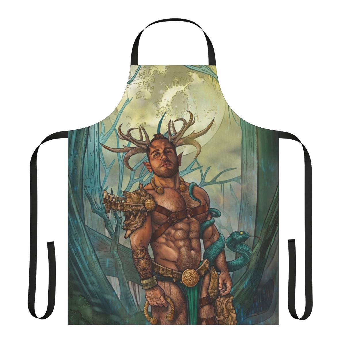 Illustration of a horned, mythological satyr figure on a black apron