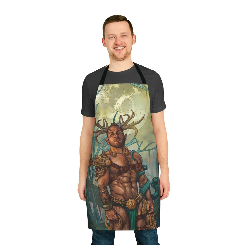 Illustration of a horned, mythological satyr figure on a black apron