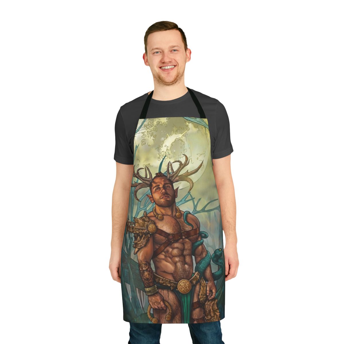 Illustration of a horned, mythological satyr figure on a black apron
