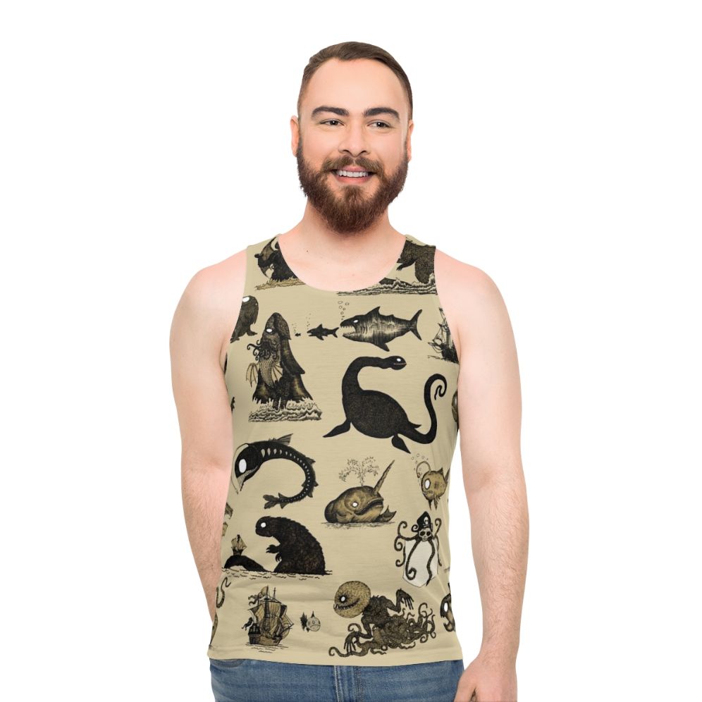 Unisex tank top with a pattern of mythical sea creatures