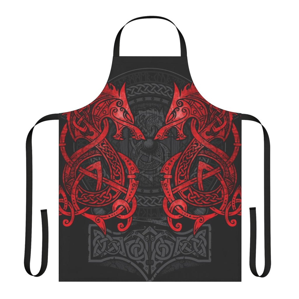 Mythical wolf design apron in red and black, with rune symbols and celtic knot pattern