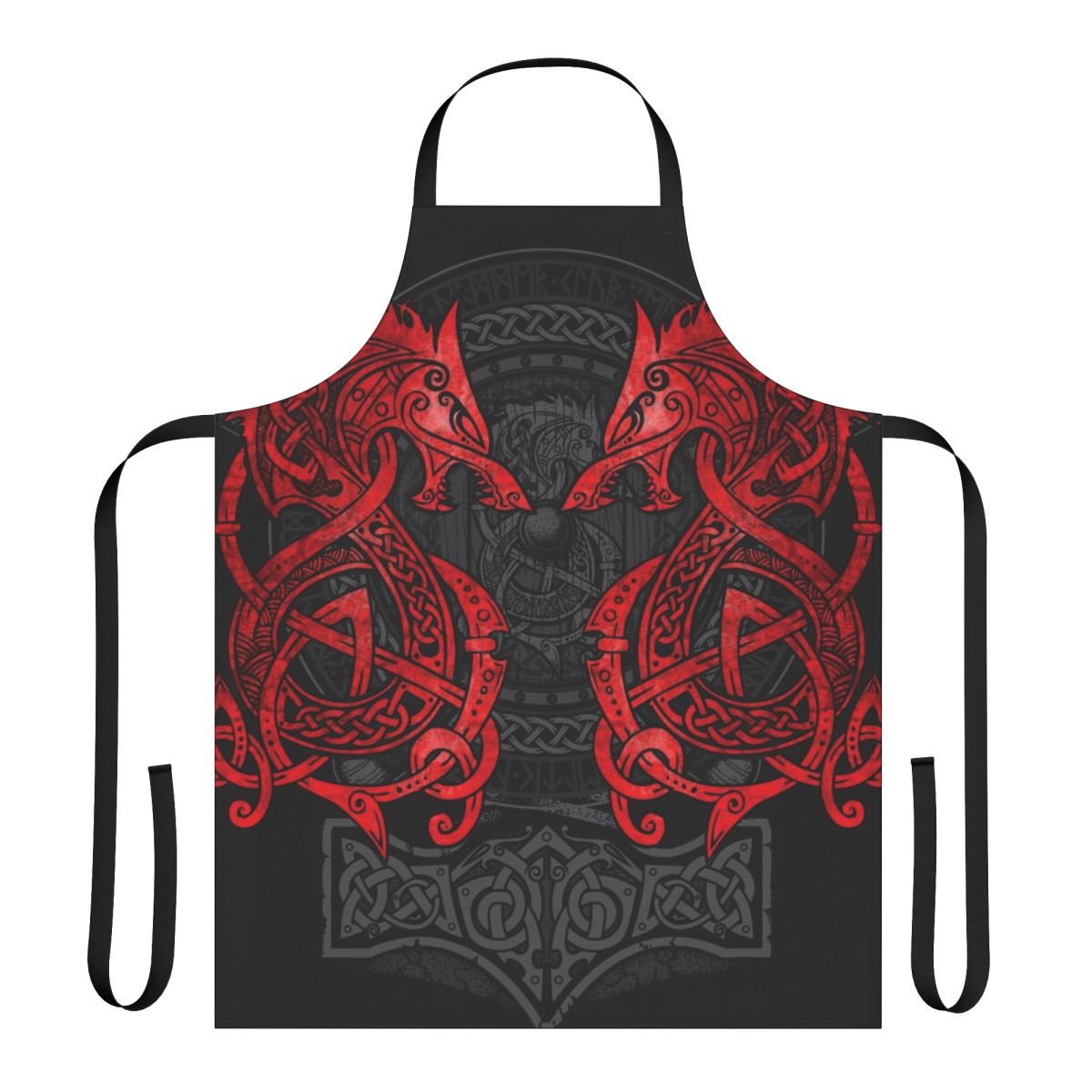 Mythical wolf design apron in red and black, with rune symbols and celtic knot pattern