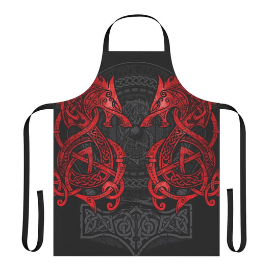 Mythical wolf design apron in red and black, with rune symbols and celtic knot pattern
