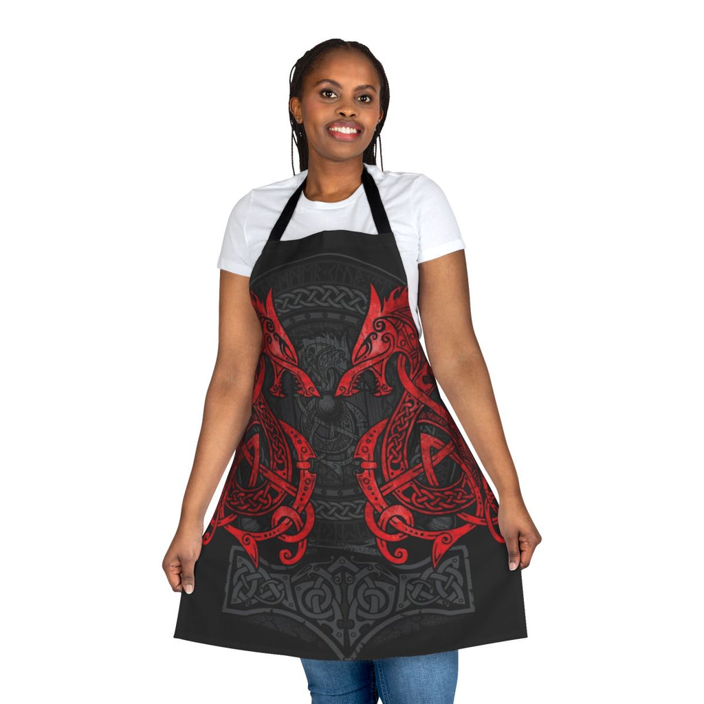 Mythical wolf design apron in red and black, with rune symbols and celtic knot pattern