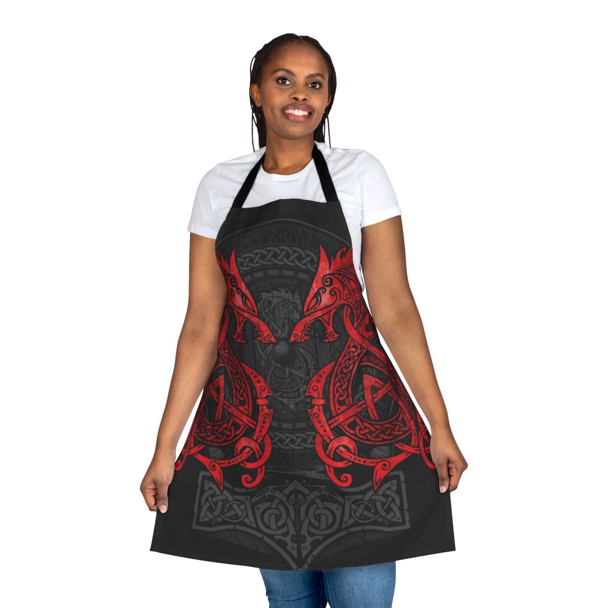 Mythical wolf design apron in red and black, with rune symbols and celtic knot pattern