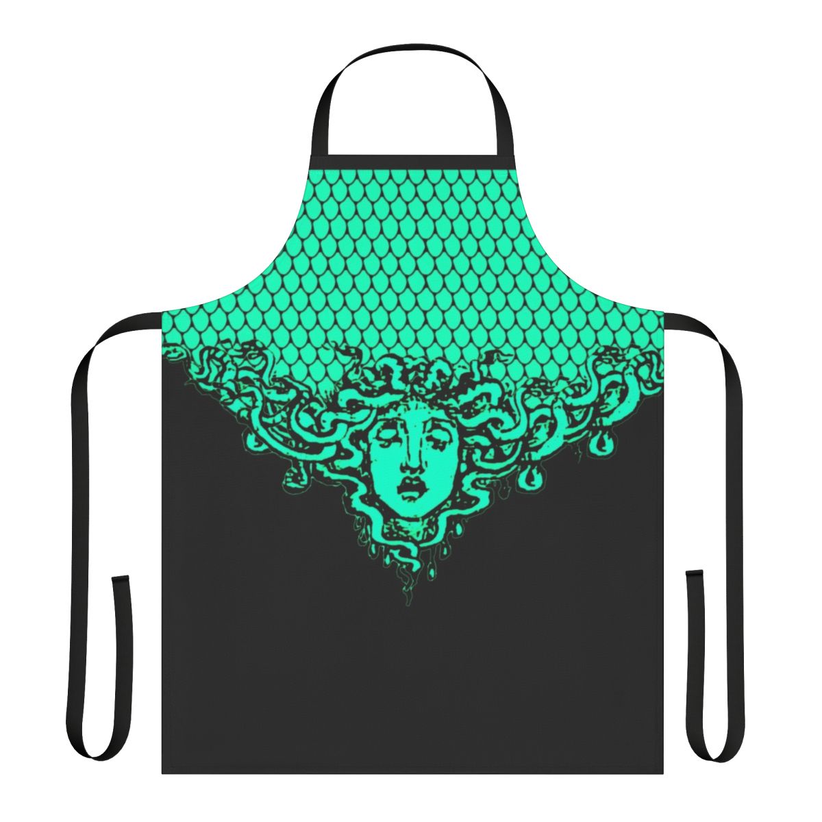 Black apron featuring the aegis armor design from Greek mythology